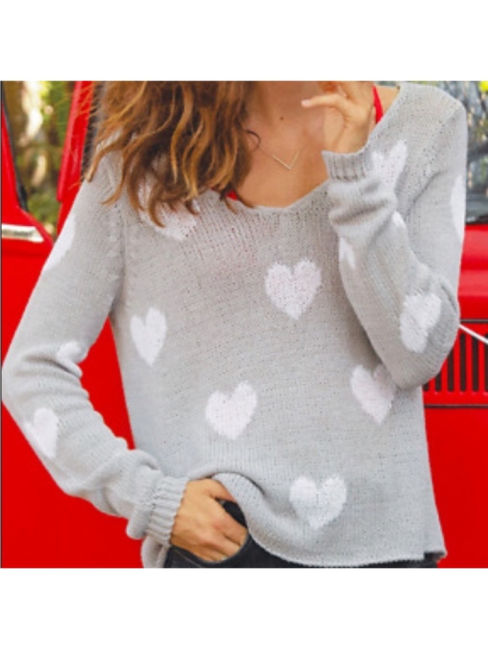 Wooden Ships Besotted Hearts V-Neck Sweater Knitted Novelty Love Gray White XS/S